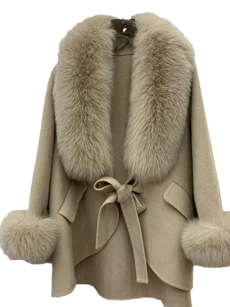 New Winter Autumn Women Woolen Jacket Real Big Fur Trim Collar High-end Cashmere Blends Luxury Fashionable Cloak