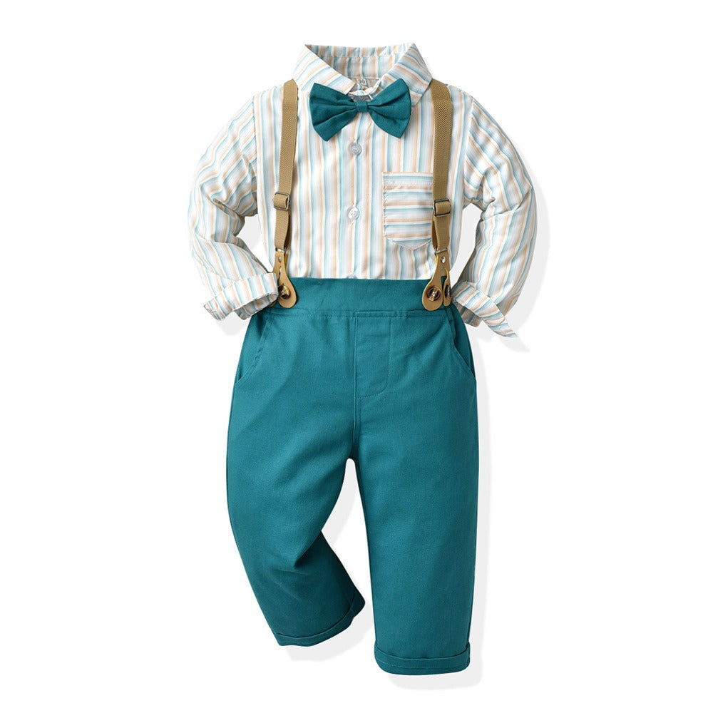 Children's Clothing Autumn Korean Version Multi-Color Plaid Long Sleeve Cotton Shirt Suspenders Boys' Suit