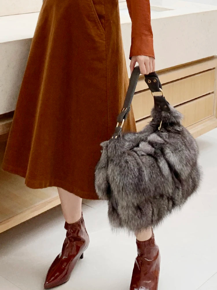 Women Winter Real Fox Fur Handbag Luxury Genuine Fur Party Bag Tote Designer High Quality Real Silver Fox Fur Handbags Female