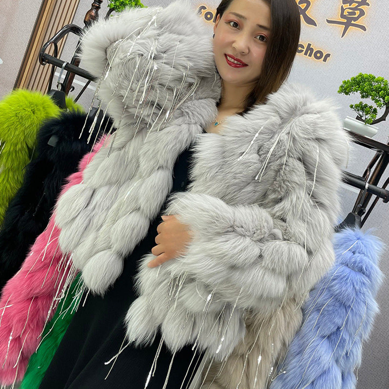 Fox fur coat women's fur car stripe tassel short V-neck