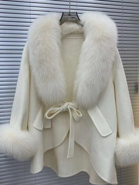 New Winter Autumn Women Woolen Jacket Real Big Fur Trim Collar High-end Cashmere Blends Luxury Fashionable Cloak