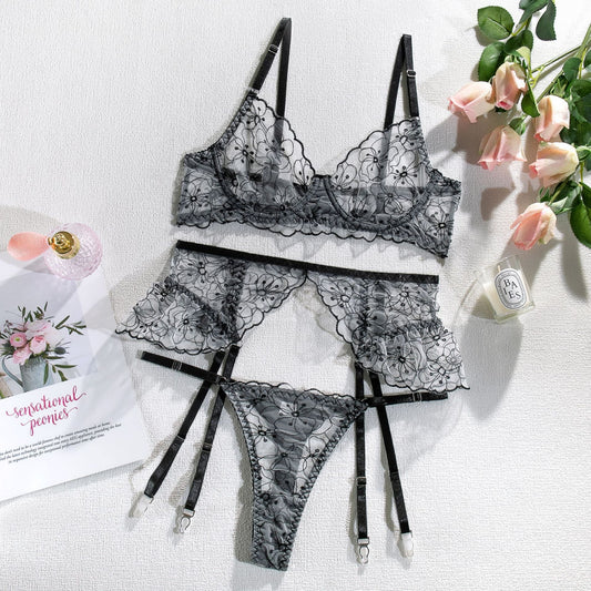 Embroidery Perspective Ruffles with Steel Rims Sexy Lingerie 3-piece Set