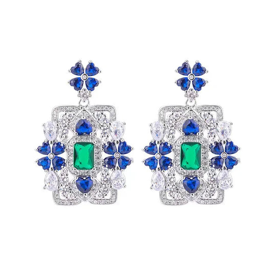 Sapphire Flower Square Brand Heavy Industry Zircon Earrings S925 Silver Needle Earrings Luxury Zircon Earrings