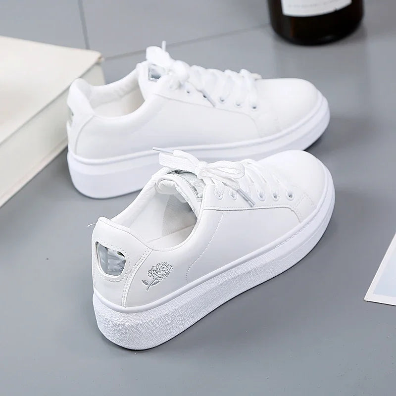 Women Casual Shoes New Spring Fashion Embroidered White Breathable Flower Lace-Up Sneakers White Tenis Feminino Flat  Zapatillas