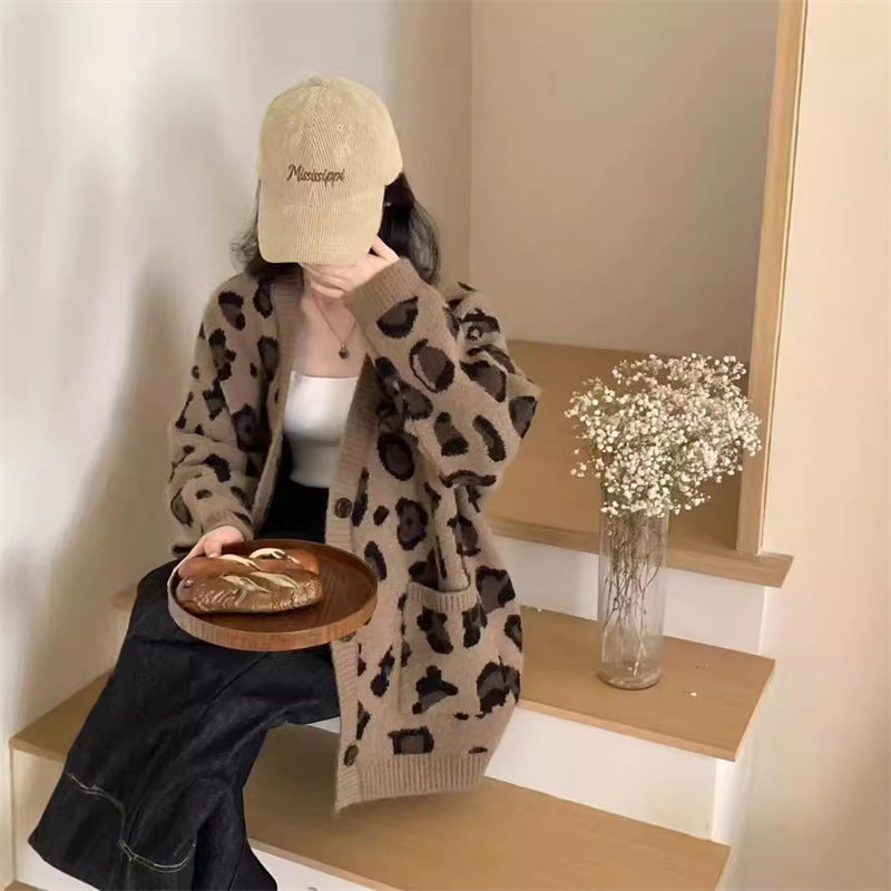 Korean version lazy style mid length leopard print cardigan women's coat