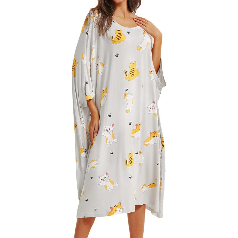 Women's nightgown home clothes T-shirt short sleeved printed pajamas nightgown with pockets