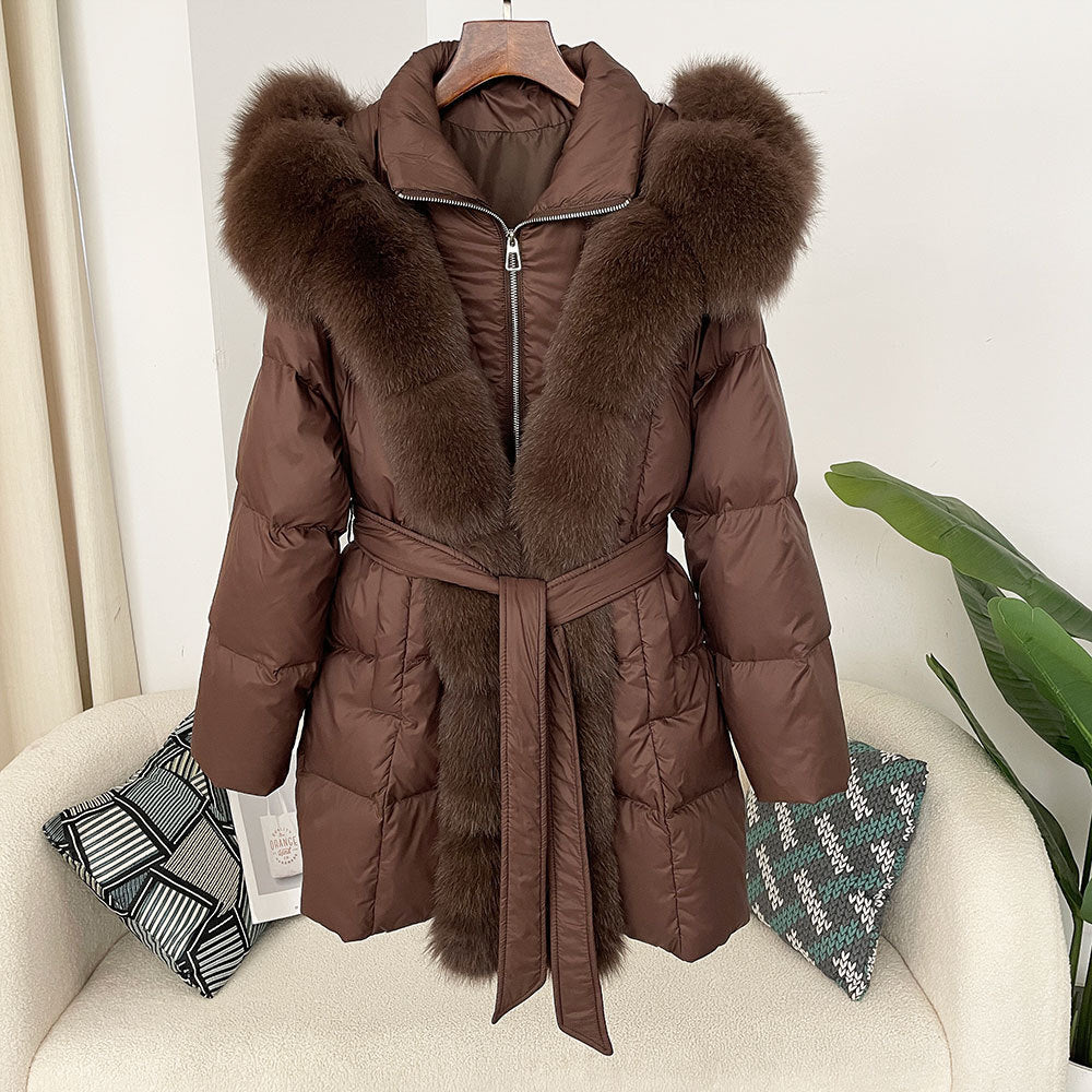 Hooded down jacket women's fox fur collar