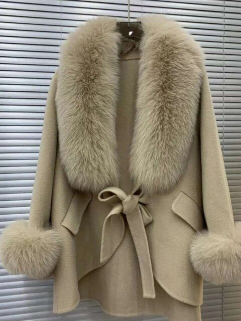 New Winter Autumn Women Woolen Jacket Real Big Fur Trim Collar High-end Cashmere Blends Luxury Fashionable Cloak