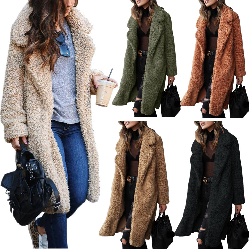 Long sleeved lapel women's plush top long coat lamb velvet double-sided velvet