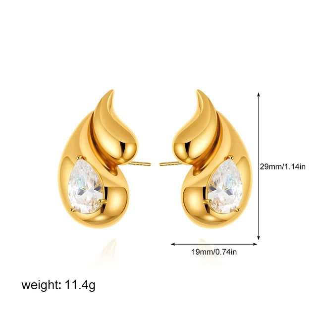 New Trend Waterproof Anti Allergic Metal Geometric Irregular Drop Earrings Gold Plated PVD Chunky Texture Zircon C Ear Stud Hoop