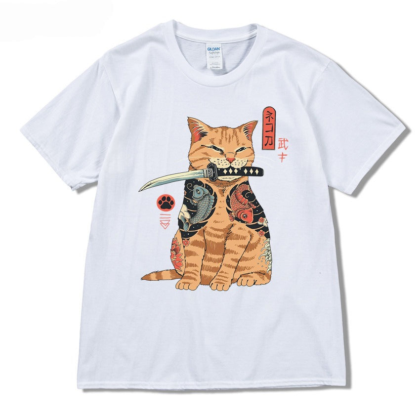 Summer 2D printed T-shirt sports round neck casual short sleeved cat top