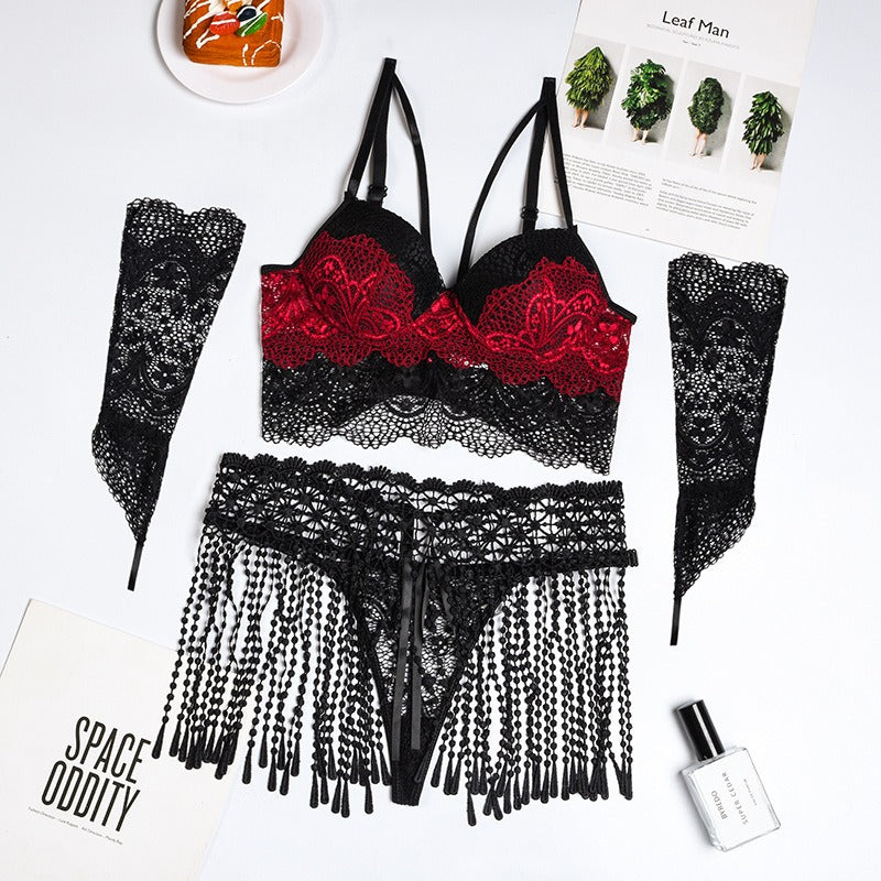 Fun Lingerie 5-Piece Set with Amazon's New Tassel Waistband Lace Splice and Glove Set