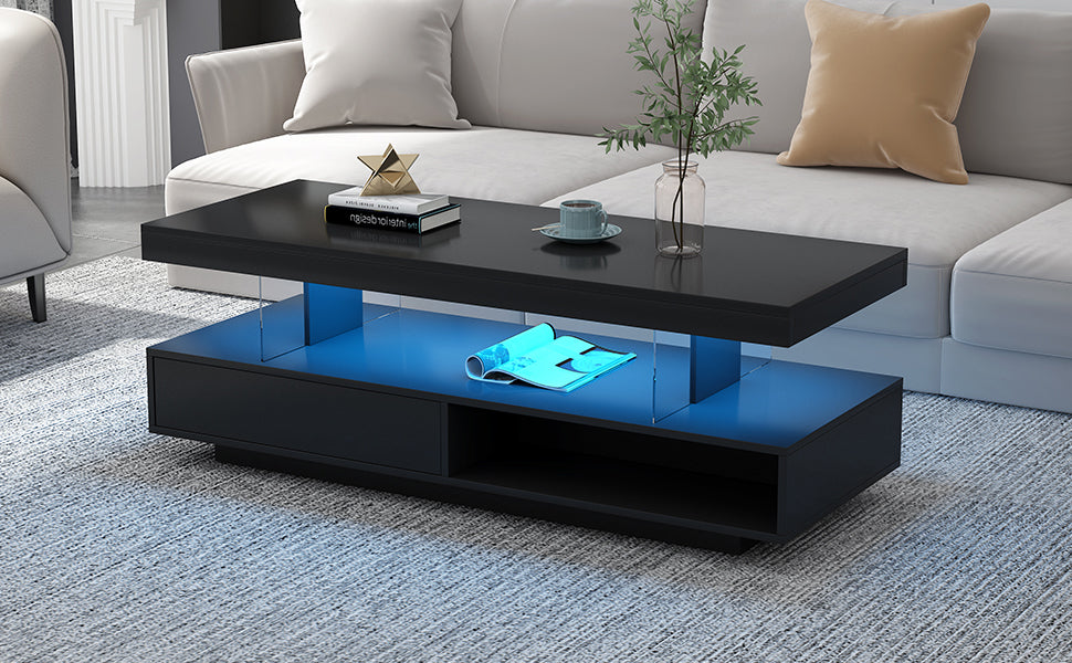 U-Can LED coffee table with storage space, modern central table with 2 drawers and display rack, equipped with LED lights, black