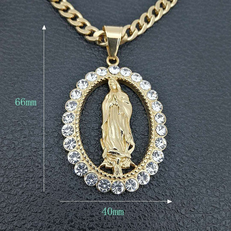 Stainless steel gold-plated diamond studded Virgin Mary pendant