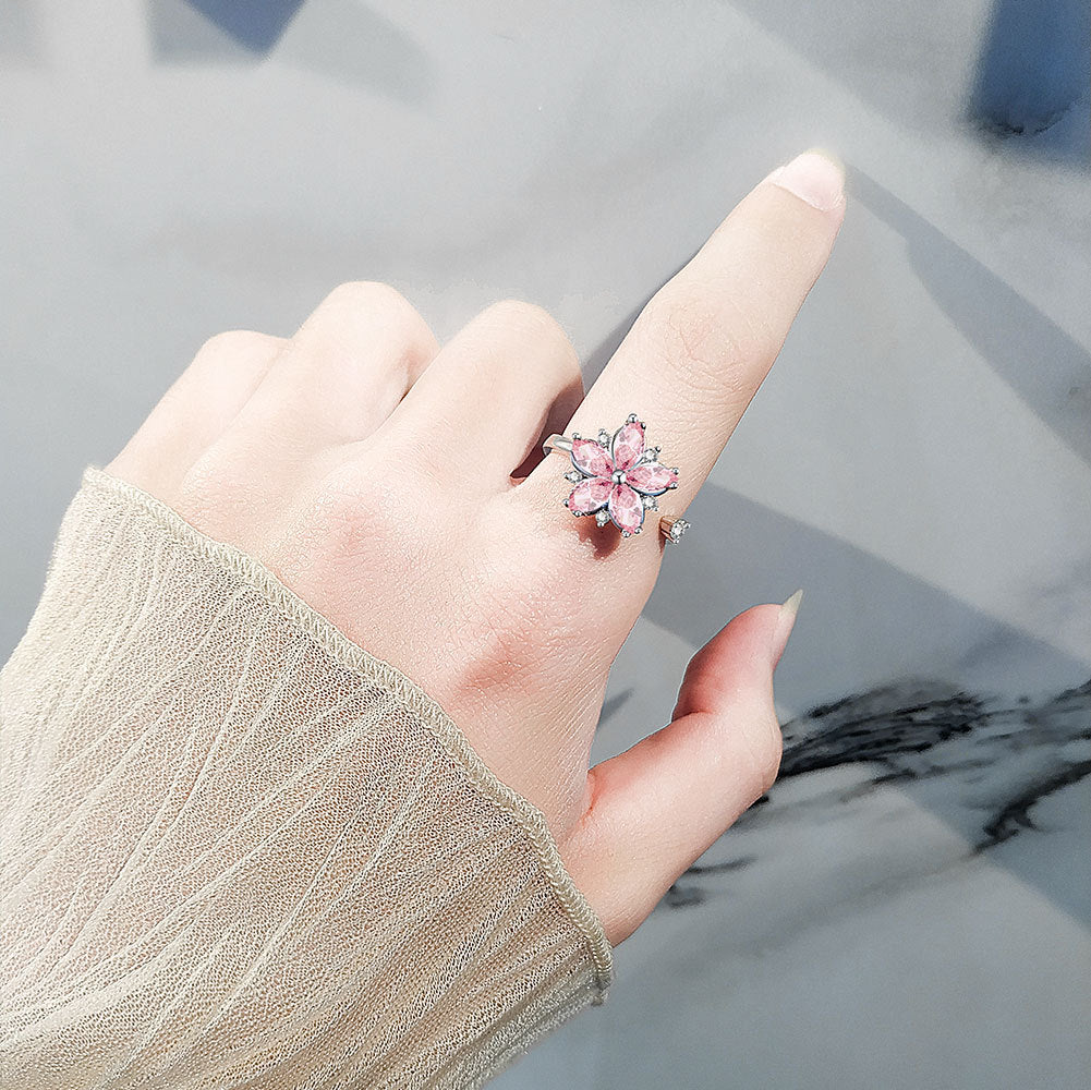 Romantic floral zircon ring with light luxury and niche design, pink floral ring