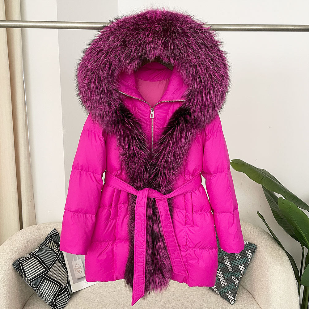 Hooded down jacket women's fox fur collar