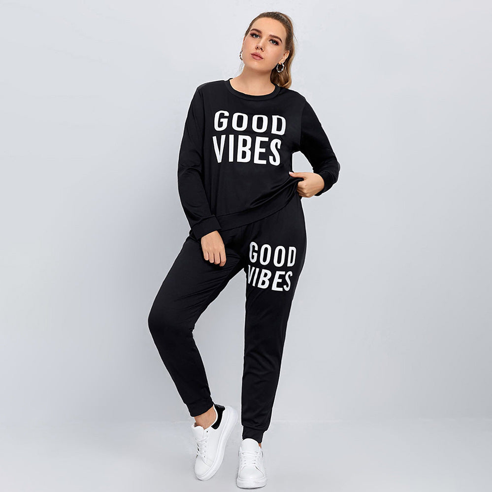 Casual Sports Letter Print Long Sleeve Pullover Pants Suit Women