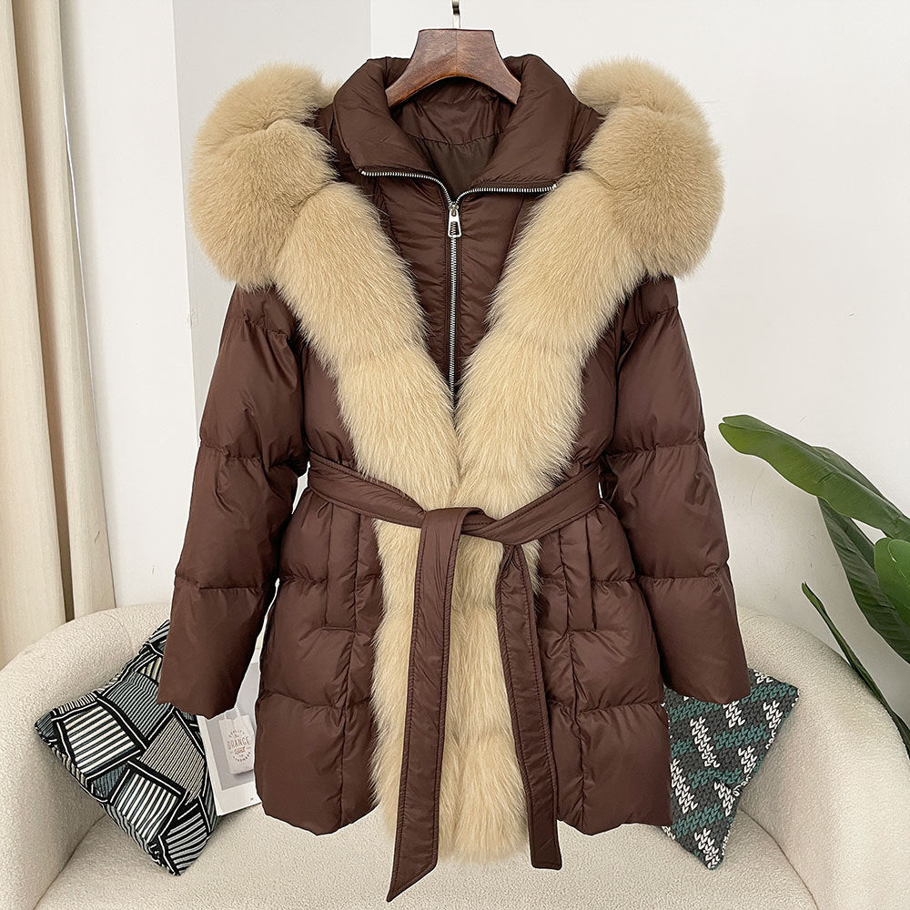 Hooded down jacket women's fox fur collar