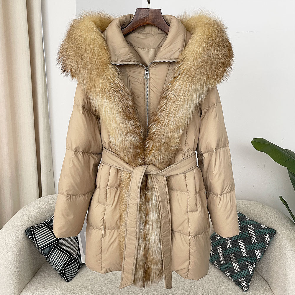 Hooded down jacket women's fox fur collar