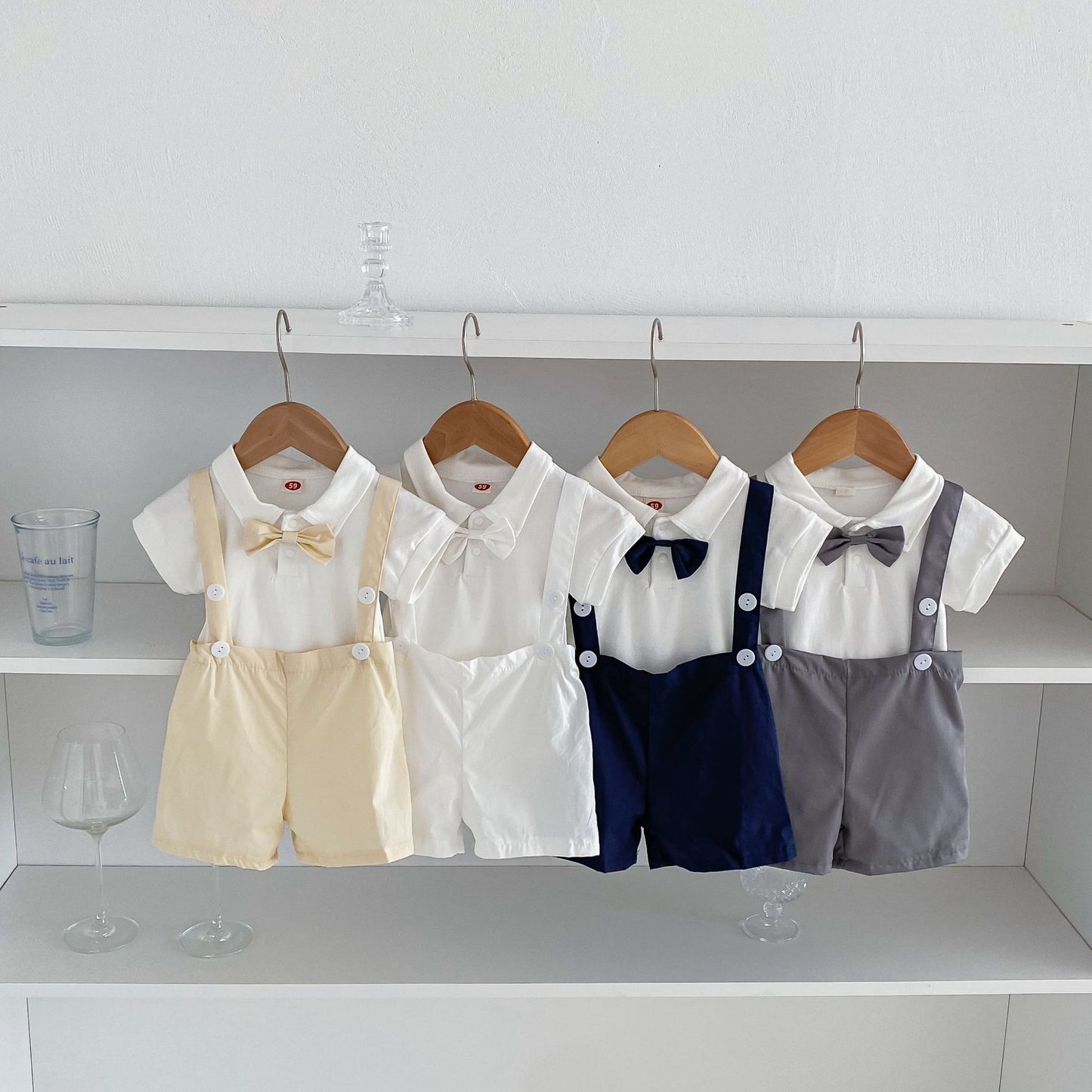 Summer baby hoodie tie suspender shorts two-piece set for gentlemen's one month and one year old dress suspender pants