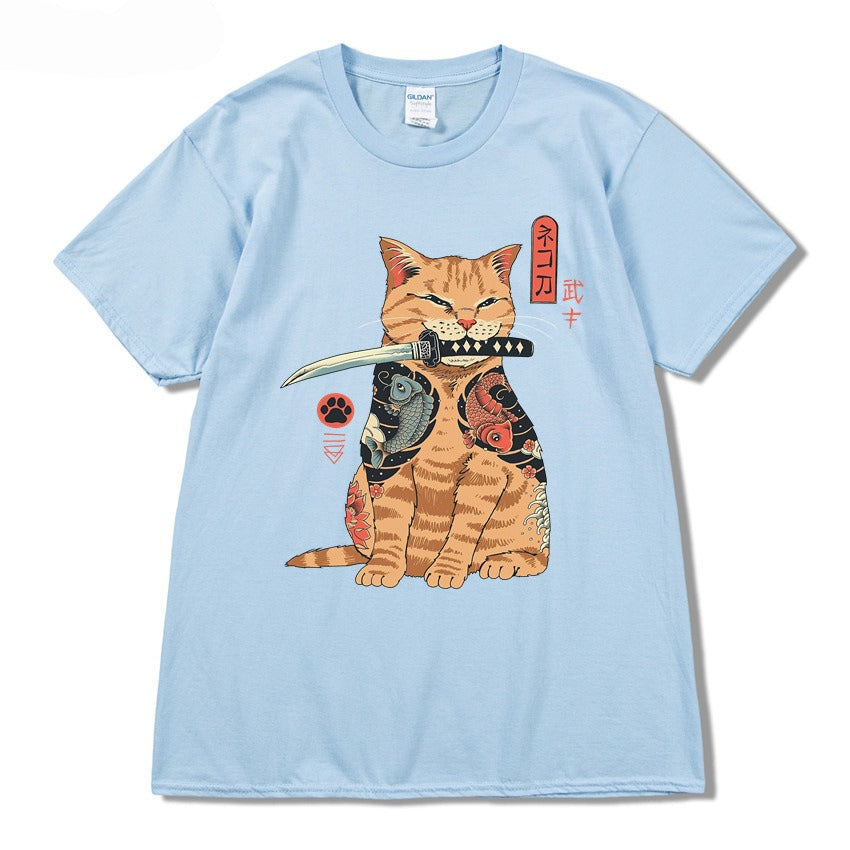 Summer 2D printed T-shirt sports round neck casual short sleeved cat top