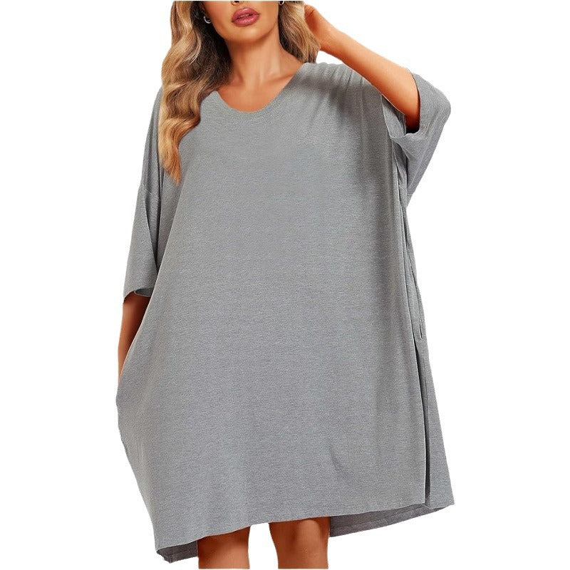 Women's nightgown home clothes T-shirt short sleeved printed pajamas nightgown with pockets