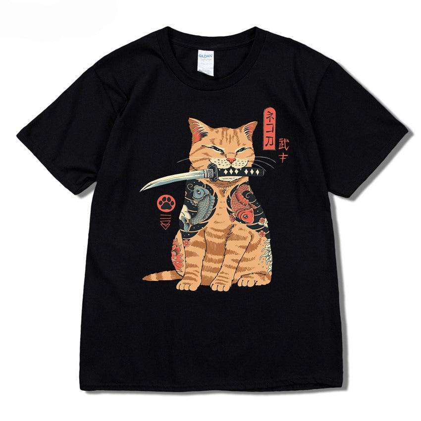 Summer 2D printed T-shirt sports round neck casual short sleeved cat top