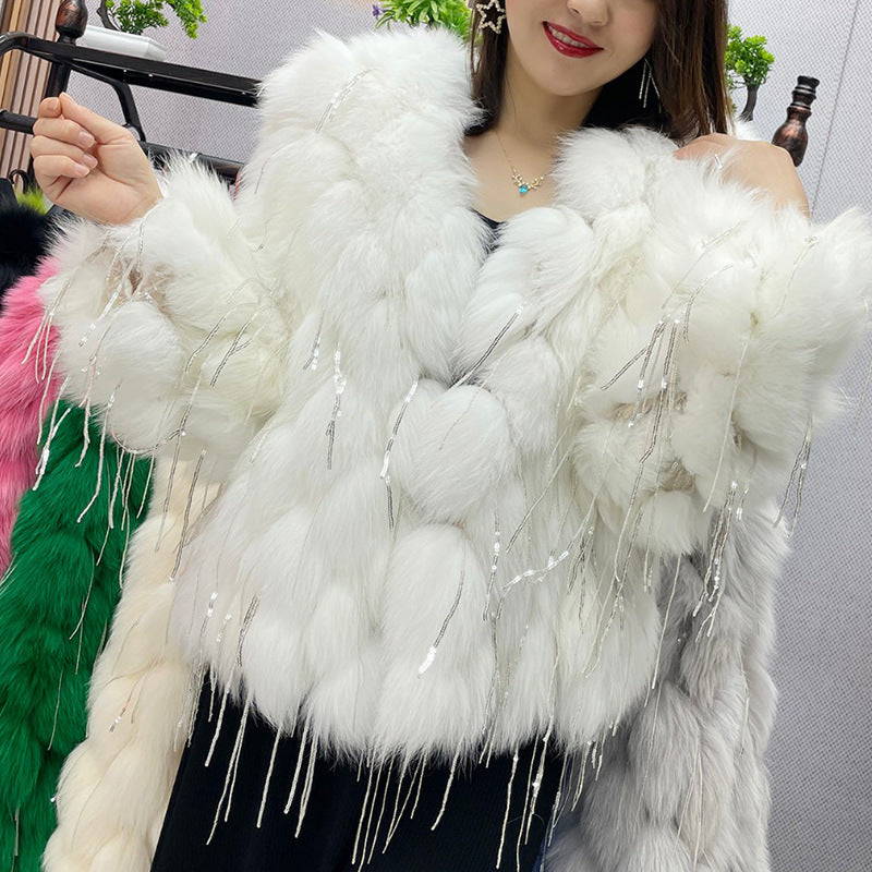 Fox fur coat women's fur car stripe tassel short V-neck