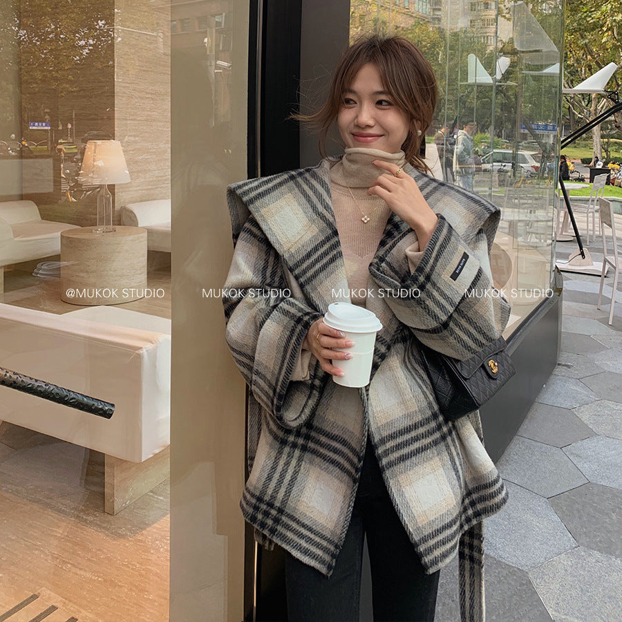 Grid patterned large collar fashionable double-sided woolen coat