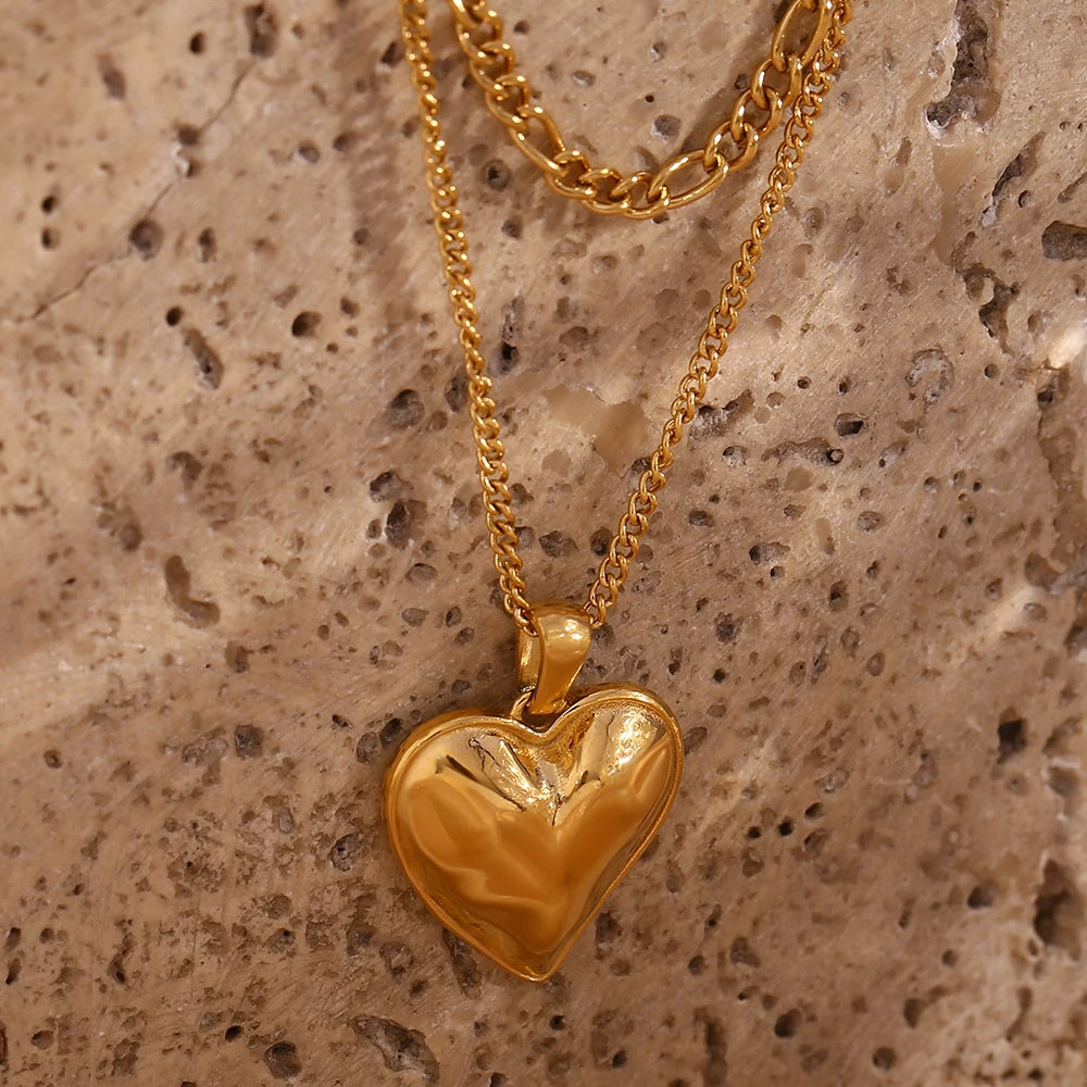 Holiday Vocation Mothers Day Gift Gold Plated Casting Heart Pendant Double Layers Necklace Waterproof Stainless Steel Jewelry