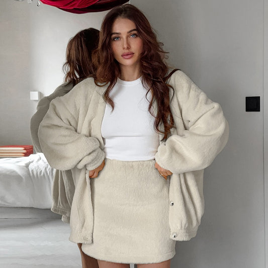 Fashion casual suit with lamb cashmere long sleeved short skirt for women