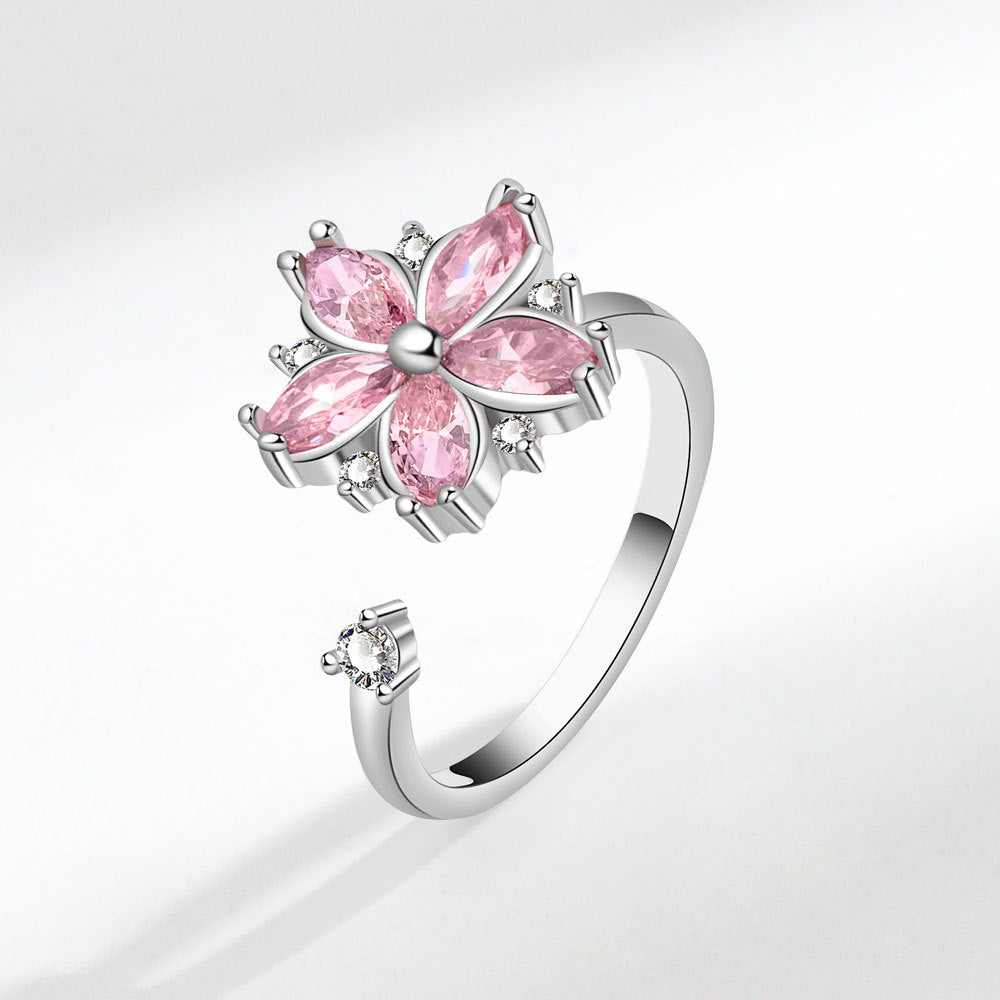 Romantic floral zircon ring with light luxury and niche design, pink floral ring