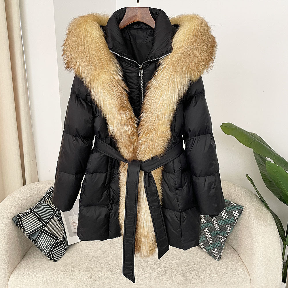 Hooded down jacket women's fox fur collar