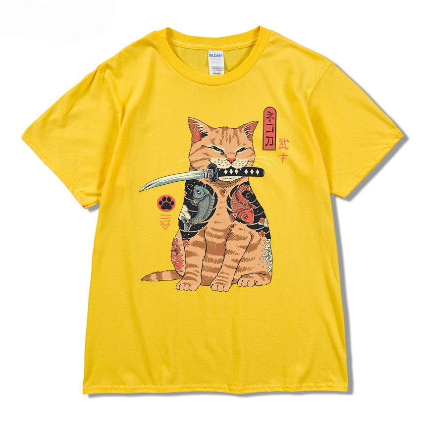 Summer 2D printed T-shirt sports round neck casual short sleeved cat top