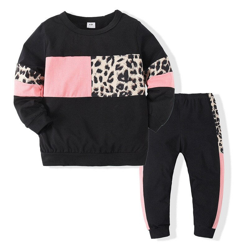 Sports children's clothing spring new boys and girls long-sleeved leopard print T-shirt casual two-piece suit