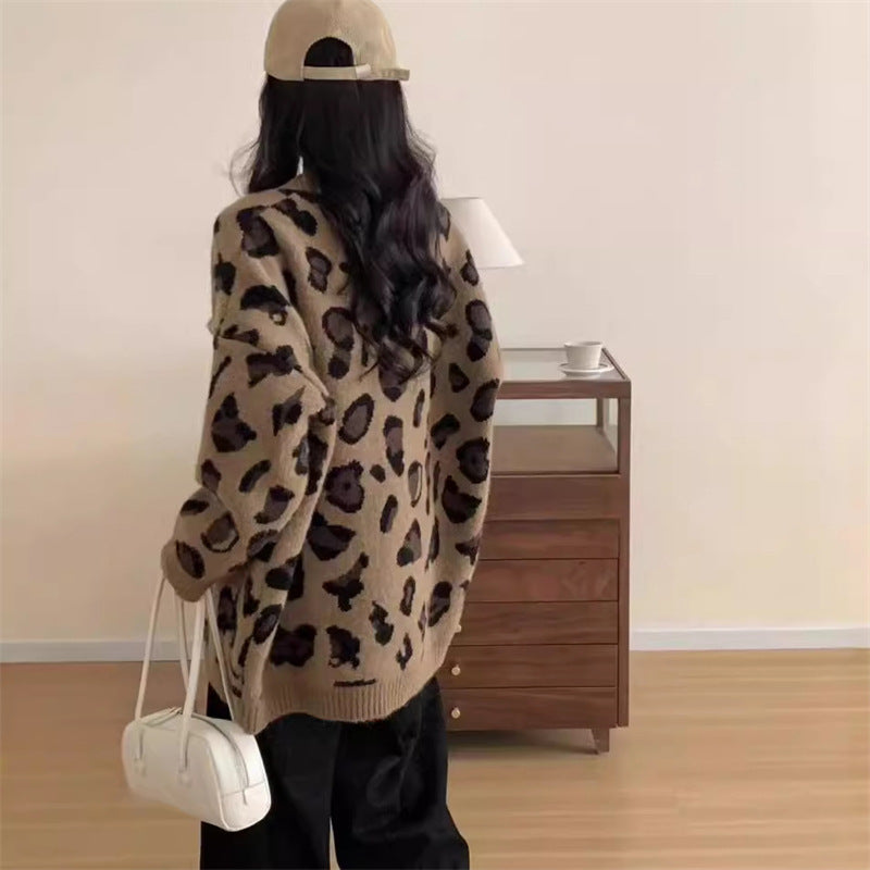 Korean version lazy style mid length leopard print cardigan women's coat