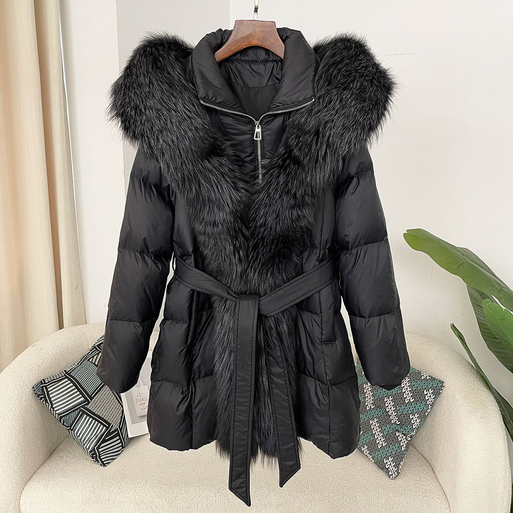 Hooded down jacket women's fox fur collar