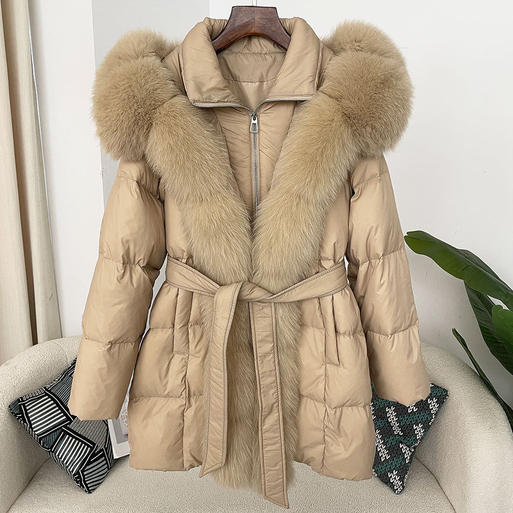 Hooded down jacket women's fox fur collar