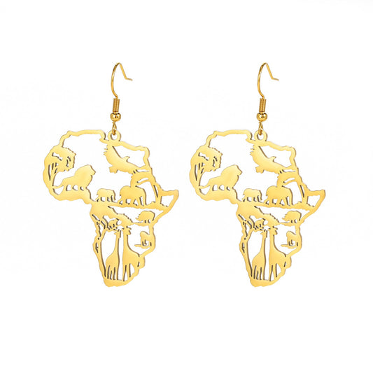 African Map Women's Pendant Earrings Animal Elephant Giraffe Tassel Earrings Stainless Steel