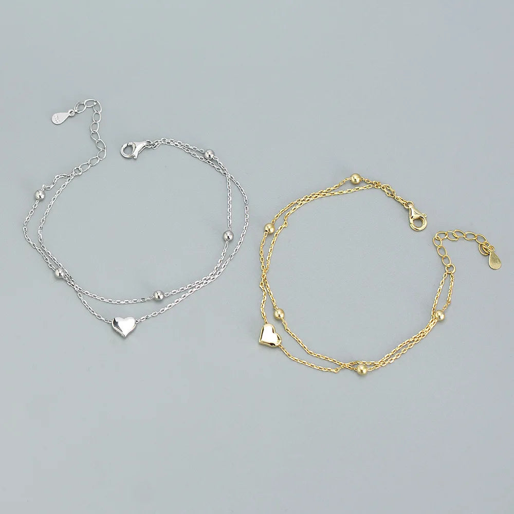 925 Sterling Silver Double Layer Heart-shaped Bracelet  for Women Girl Korean Style Small Fresh Summer Bracelet