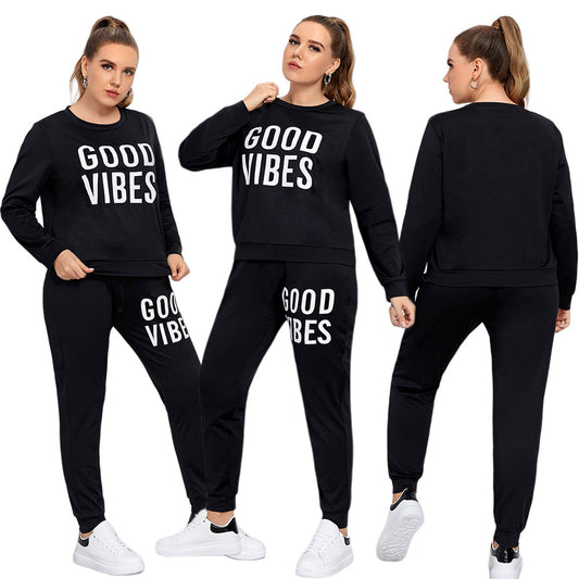 Casual Sports Letter Print Long Sleeve Pullover Pants Suit Women