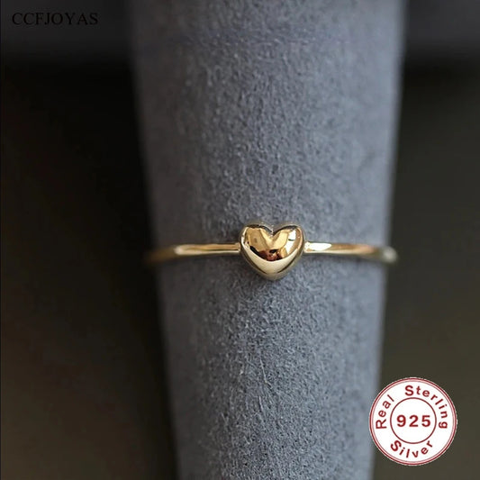 925 Sterling Silver Plated 14K Gold Chubby Love Ring for Girl Simple and Versatile Super Cute Heart Ring Fine Jewelry