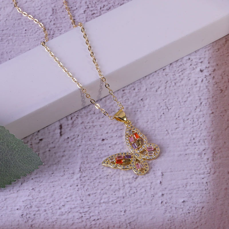 Fashion Copper Inlaid Zircon Butterfly Necklace for Women