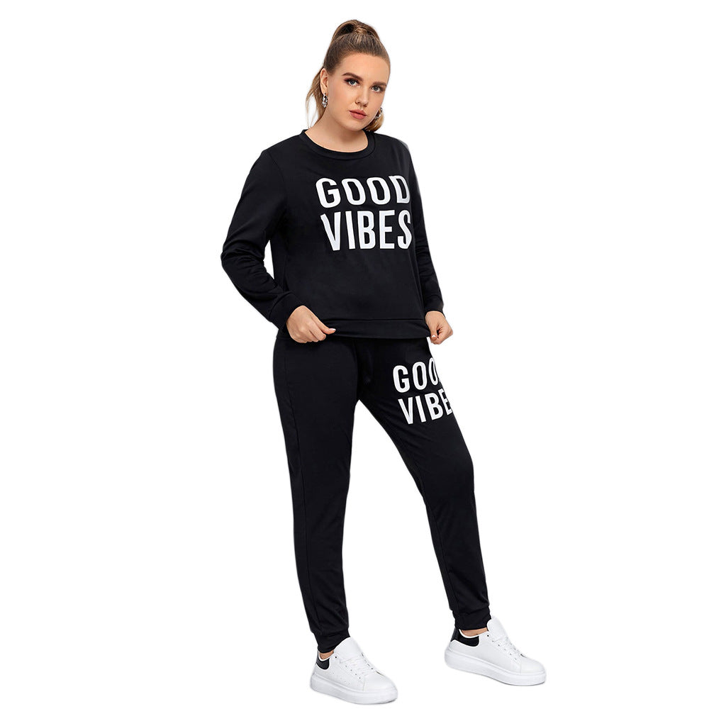 Casual Sports Letter Print Long Sleeve Pullover Pants Suit Women