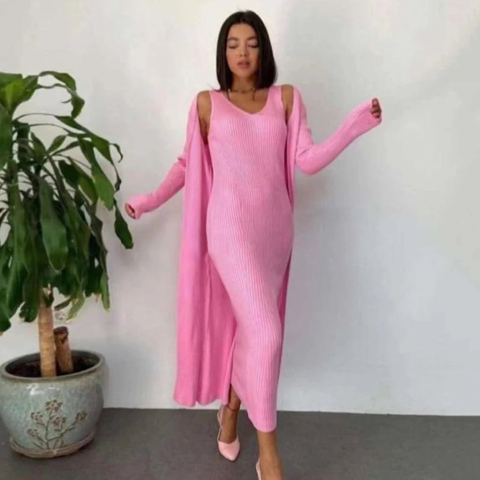 Casual Knit Sling Dress Set V-neck Long Sleeve Loose Long Cardigan Jacket & Midi Dress Two-piece Set