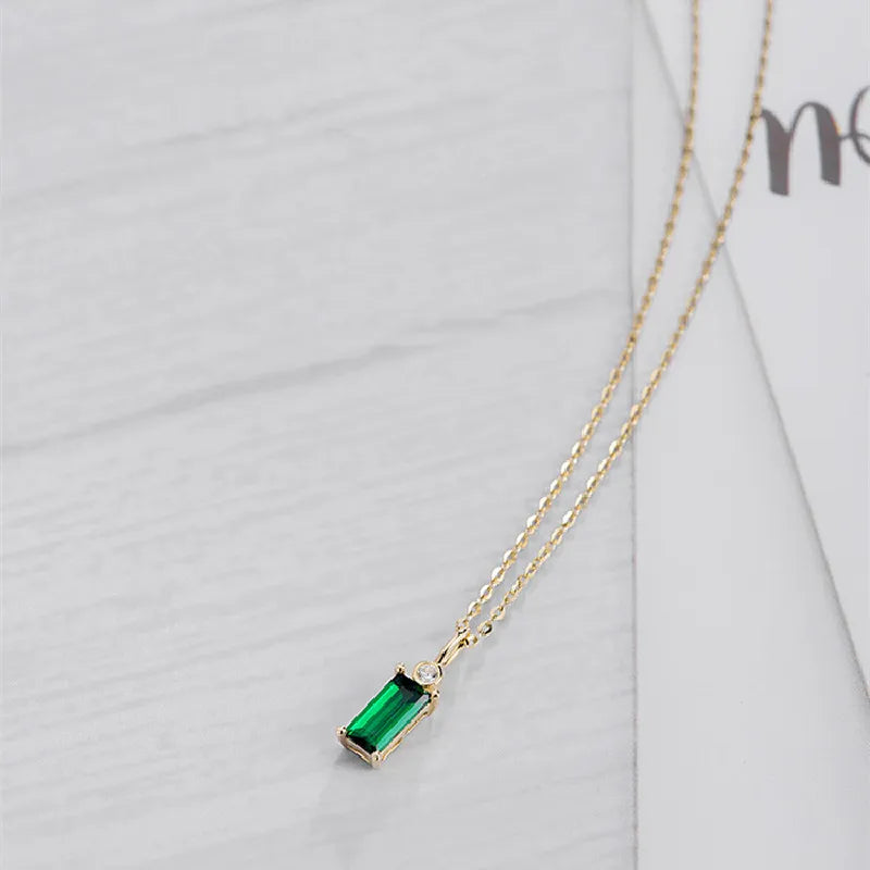 925 Sterling Silver 14K Gold Plated Emerald Green  Mini Rectangle Zircon Necklace Female Korean Style Pendant Necklace