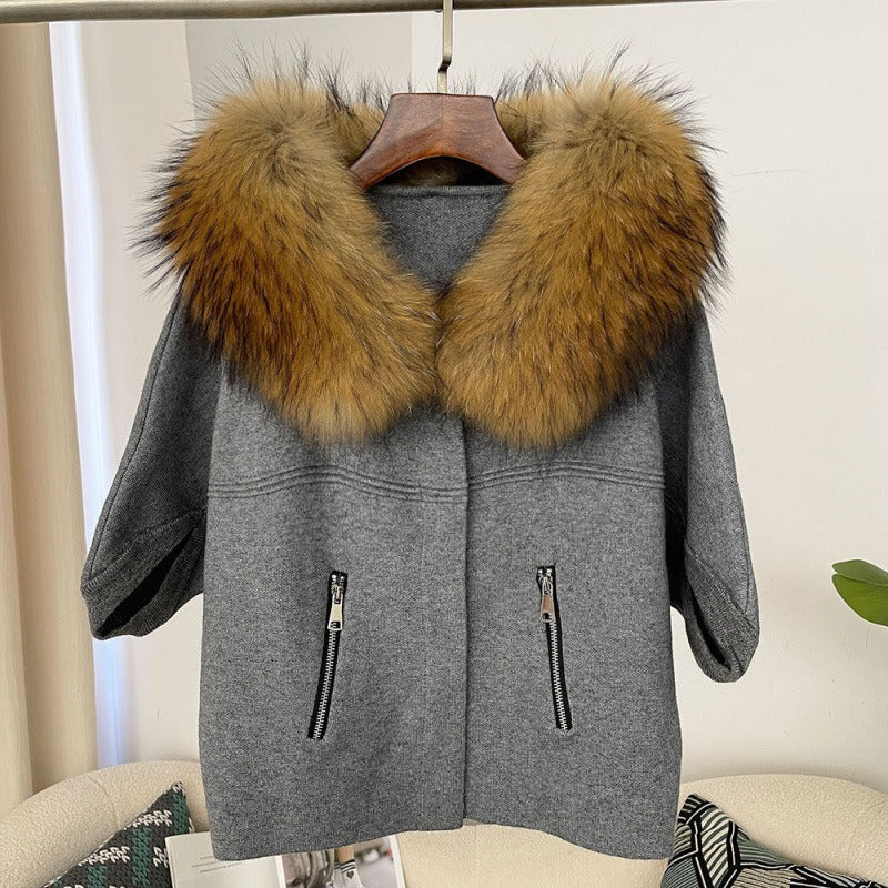 Short knit sweater with real fox fur collar fashionable bat sleeves cardigan jacket