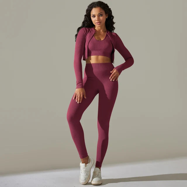 2pcs Yoga Set Women zippers Long Sleeve Crop Top+High Waist Yoga Pants Sports Suit Quick Dry Breathable Fitness Workout Set