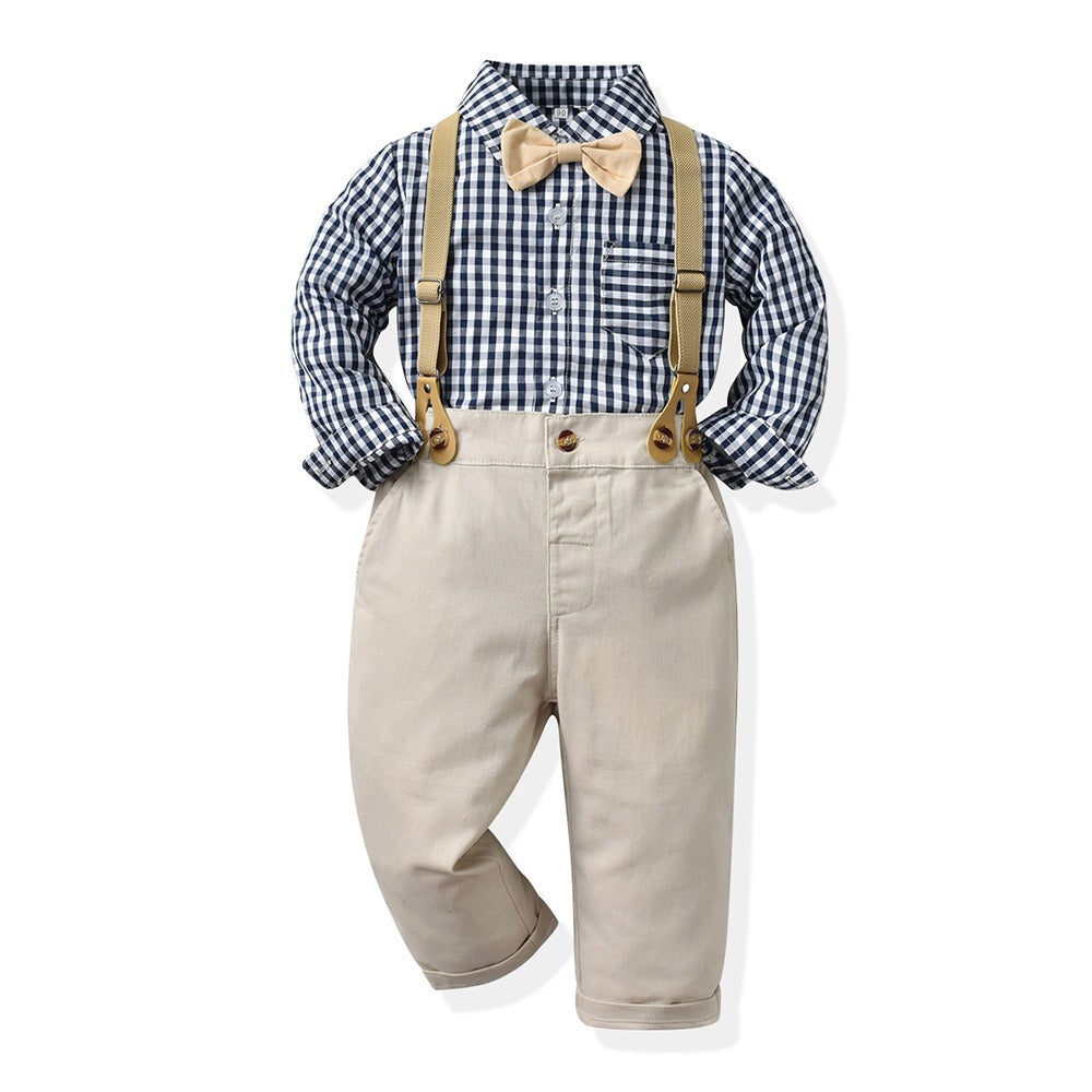 Children's Clothing Autumn Korean Version Multi-Color Plaid Long Sleeve Cotton Shirt Suspenders Boys' Suit