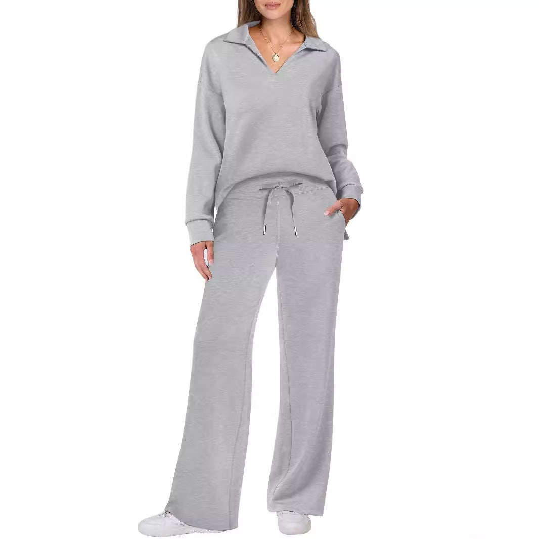 Autumn and winter fashion casual sports suit long-sleeved V-neck sweatshirt wide-leg pants two-piece suit for women